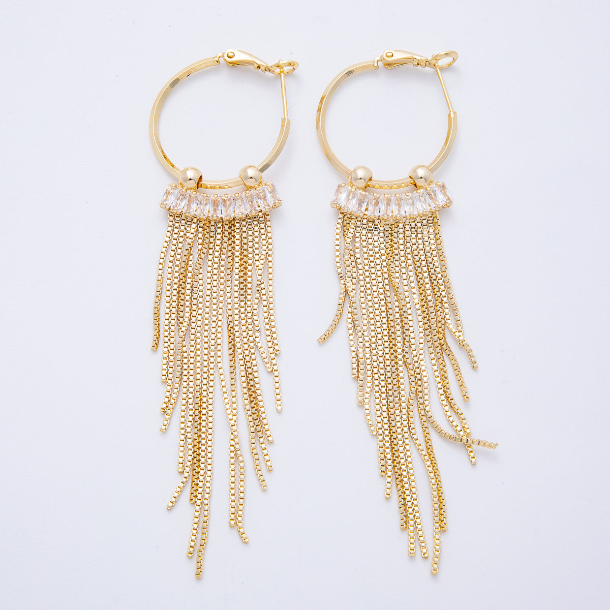 18K Gold Filled 76mm Clear Baguette CZ Box Chain Tassel C-Shaped Hinge Hoop Earrings | T013