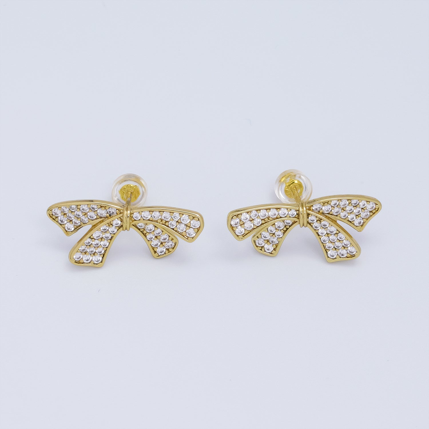 24K Gold Filled Micro Paved Ribbon Bow Stud Earrings | T063