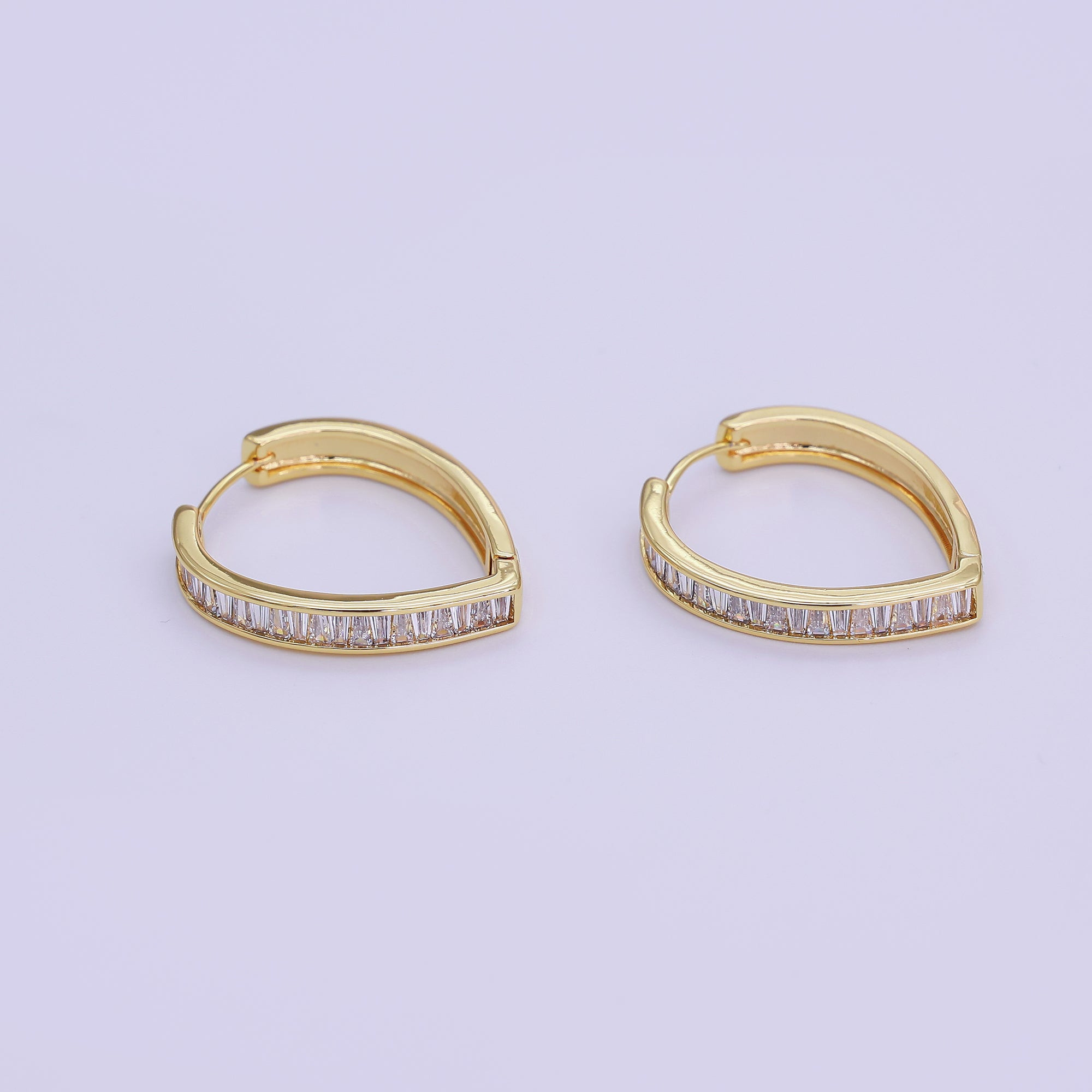 24K Gold Filled 25mm Clear CZ Baguette Navette Triangle Hoop Earrings | T155