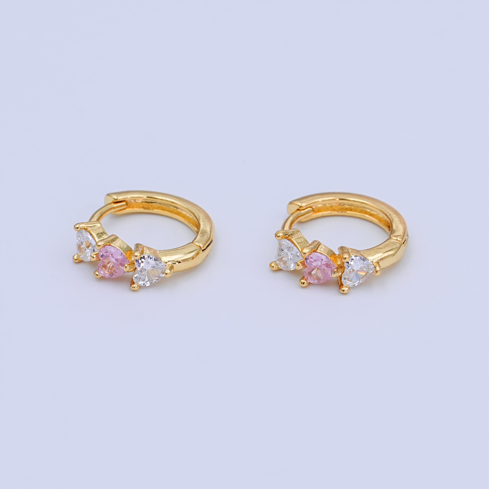 24K Gold Filled 11.5mm Clear Pink CZ Heart Cartilage Huggie Earrings | T294