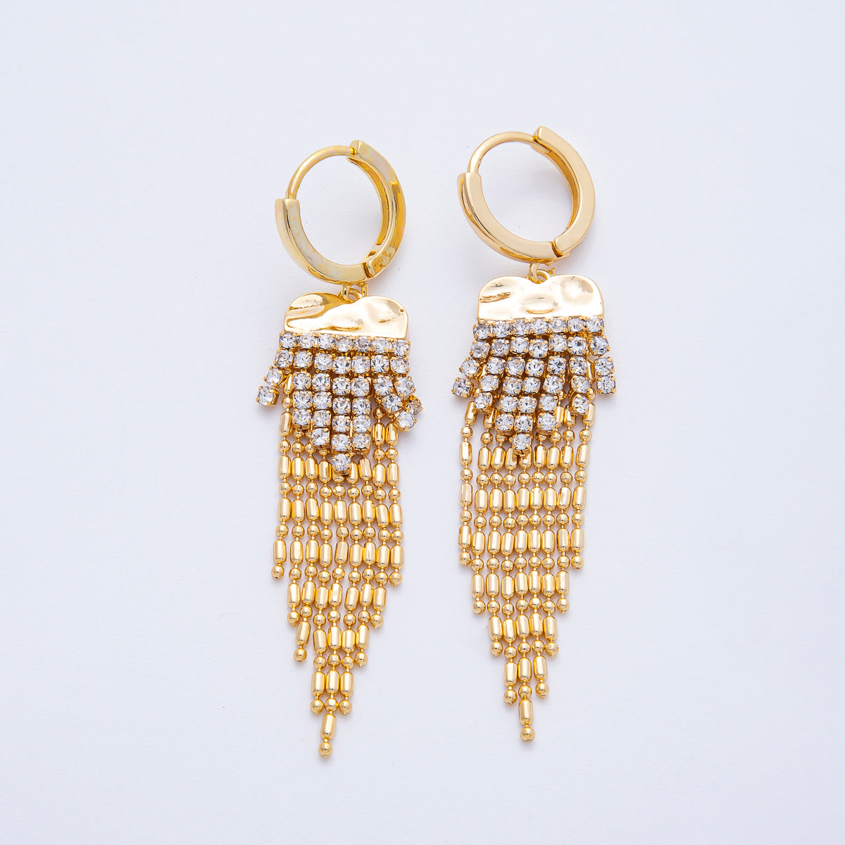 18K Gold Filled 47mm Clear CZ Tennis Bead Tube Chain Drop Huggie Earrings | T485