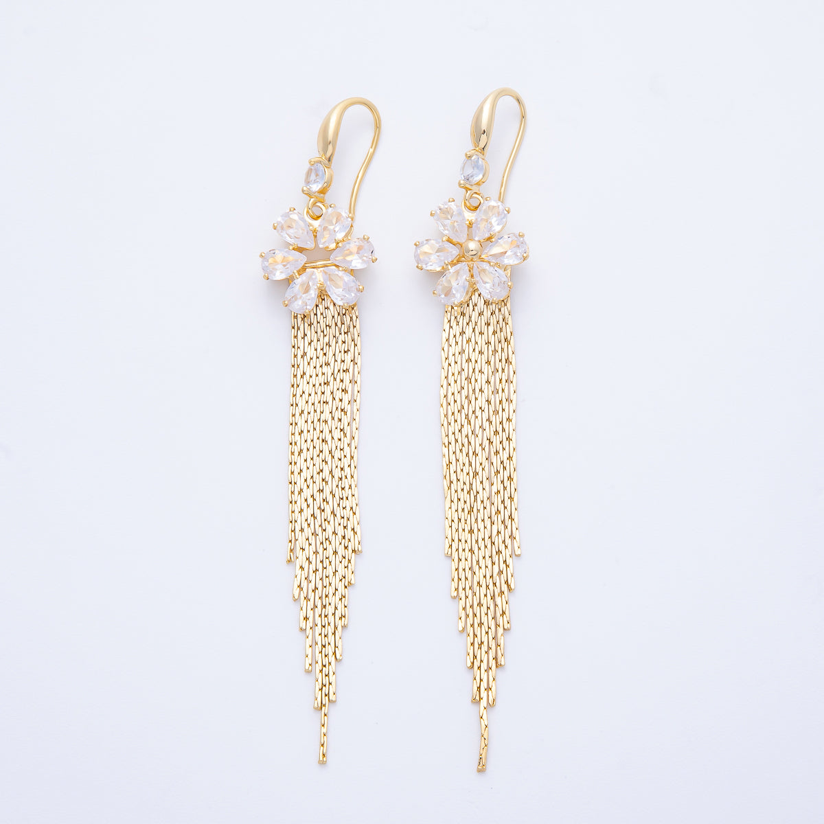 18K Gold Filled 94mm Clear CZ Flower Snake Chain Fringe Drop Ear Hook Earrings | T486