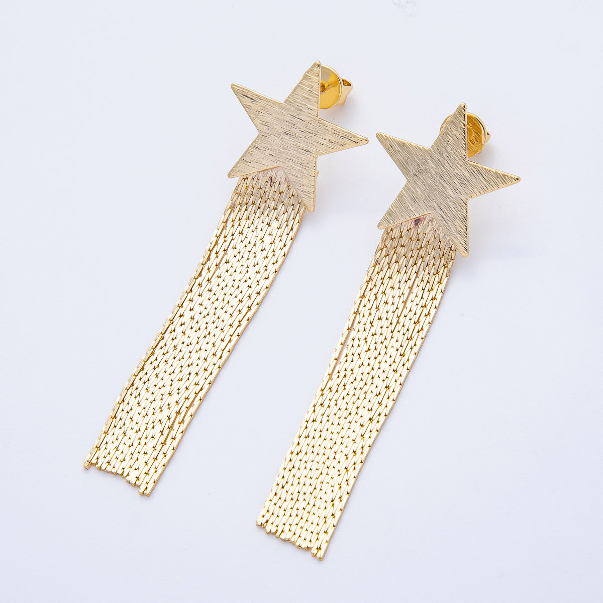 18K Gold Filled 63.3mm Textured Star Snake Chain Fringe Drop Stud Earrings | T488