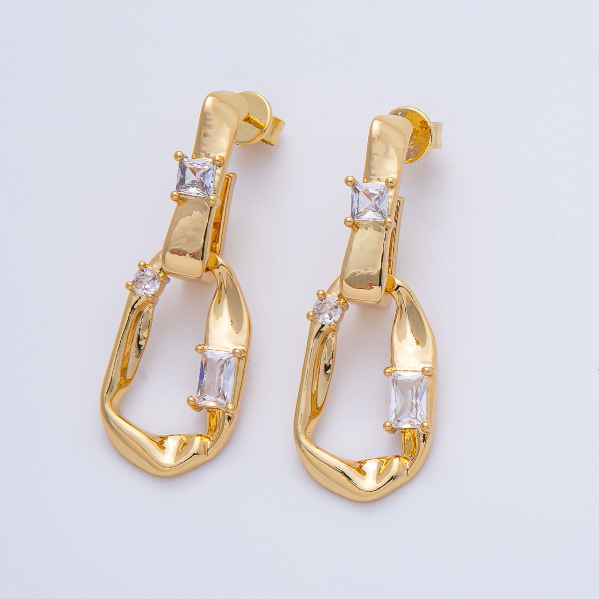 18K Gold Filled 42mm Clear Baguette Hammered Geometric Rectangular Drop Stud Earrings | T490