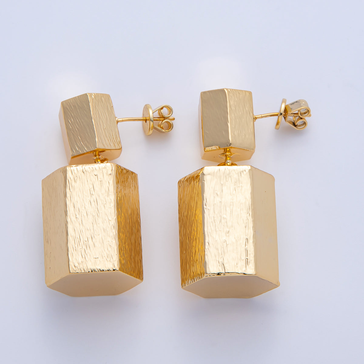 18K Gold Filled 38mm Textured Octagonal Tube Geometric Drop Stud Earrings | T491