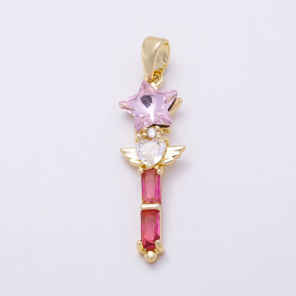 16K Gold Filled 27mm Pink CZ Star Heart Wings Magic Wand Pendant | Charms-02378