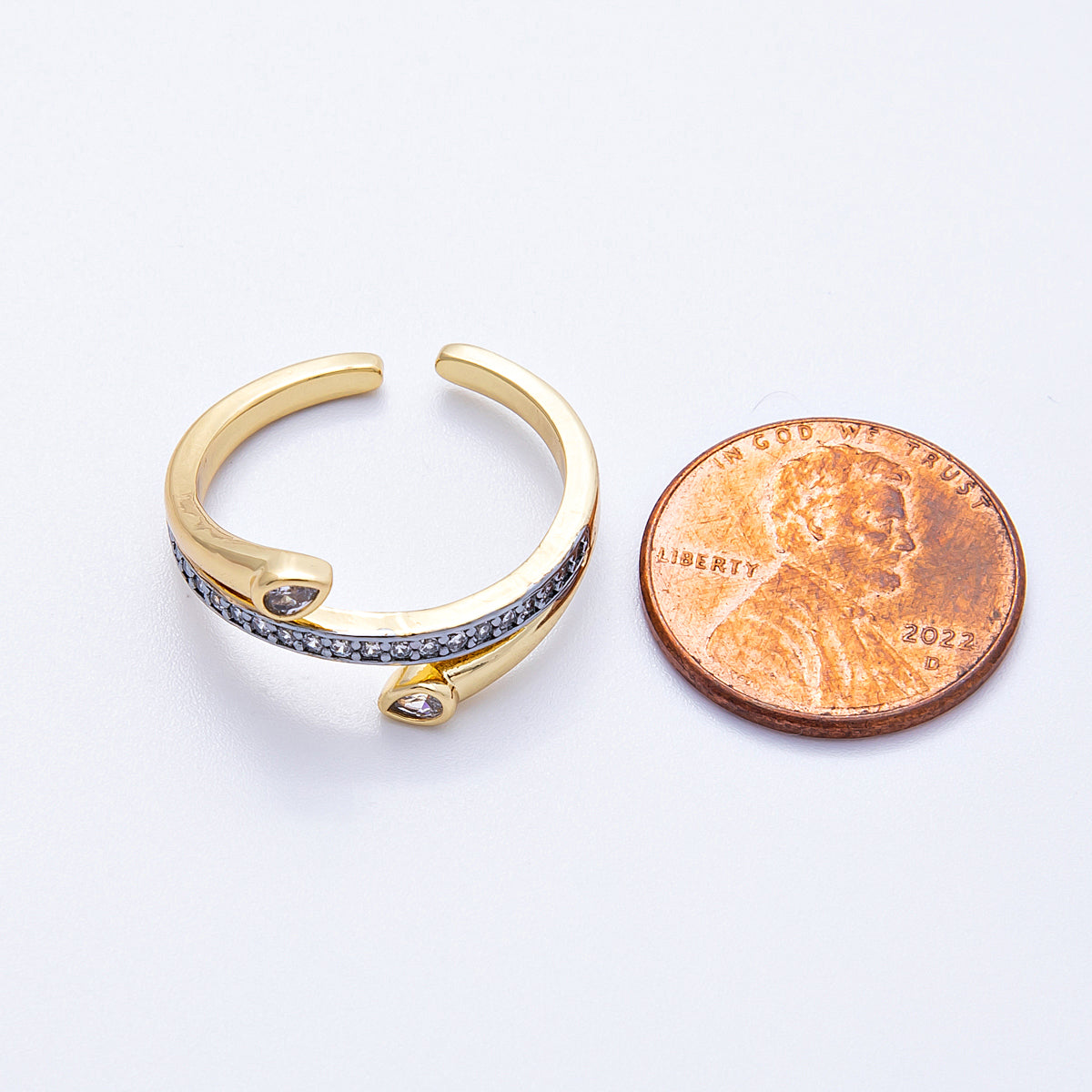 18K Gold Filled Mixed Metal Triple Row CZ Bypass Ring | Rings-00038