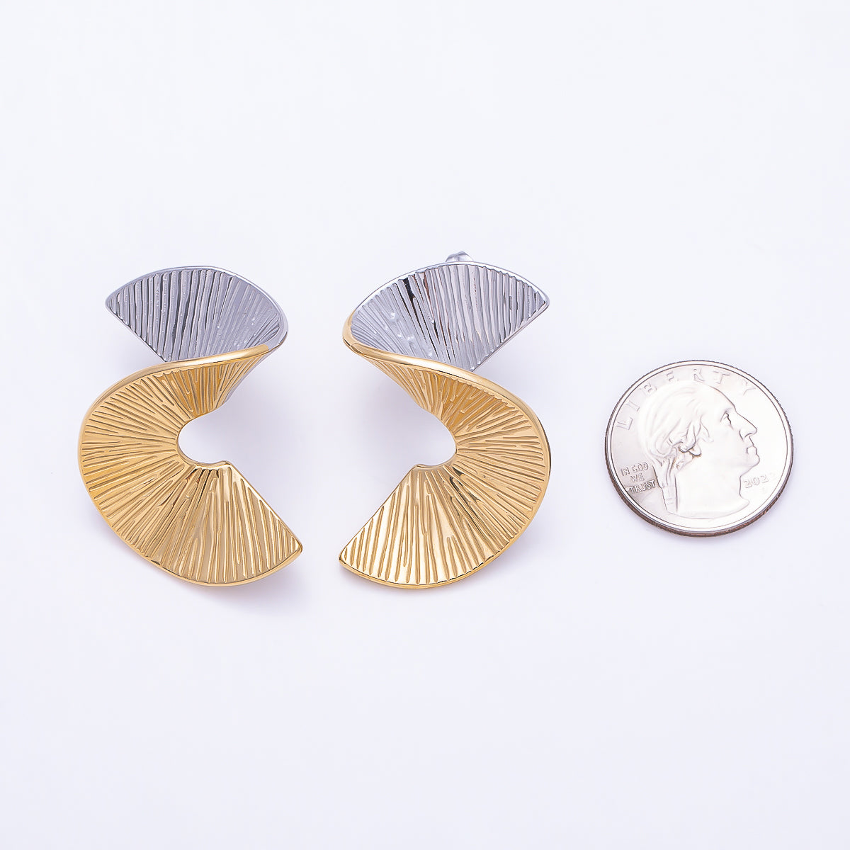 Stainless Steel Mixed Metal PVD 42mm Wide Band Twist Dotted Textured Geometric Stud | Earrings-00735