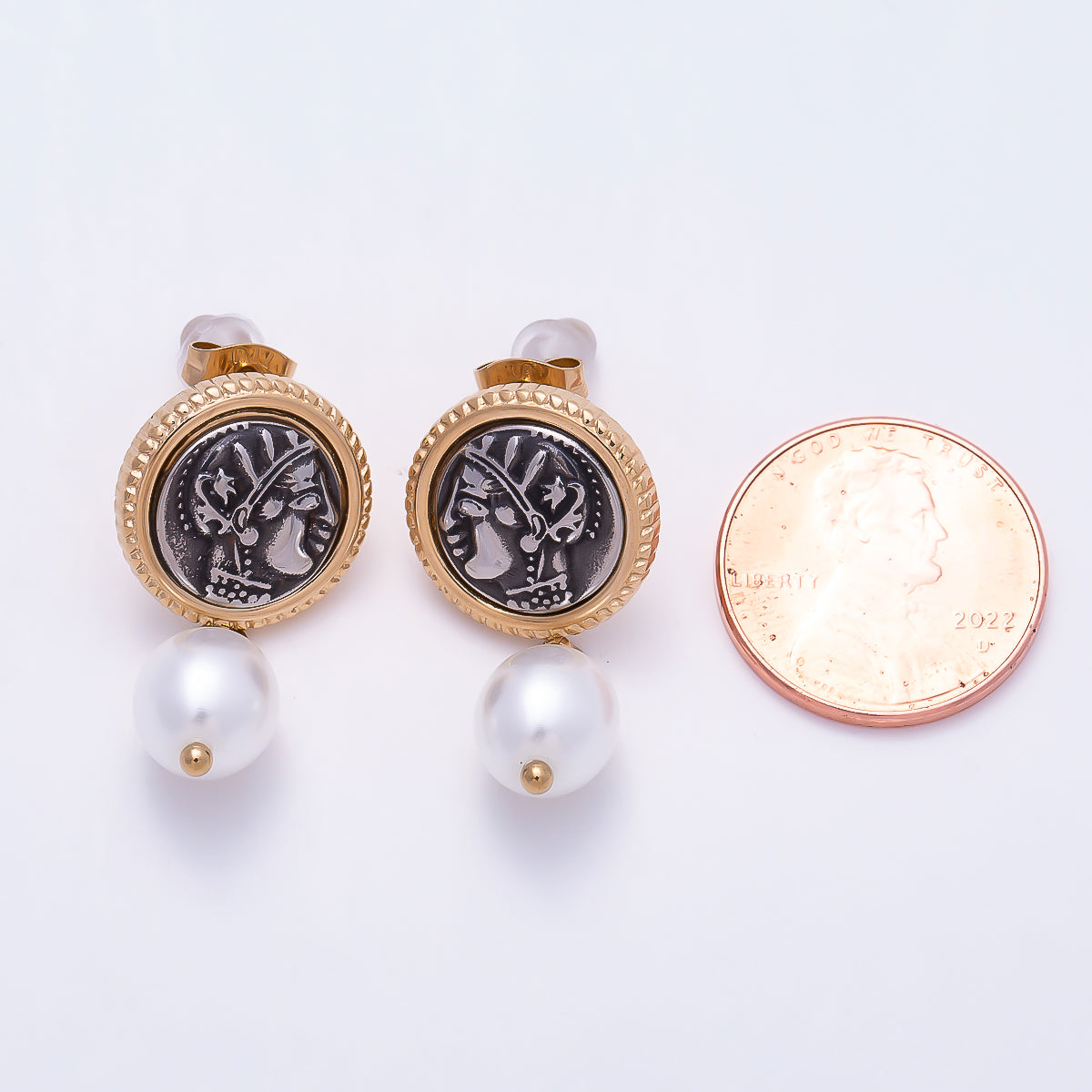 Stainless Steel Gold PVD 28.5mm Shell Pearl Cameo Portrait Bezel Round Drop Stud | Earrings-00730
