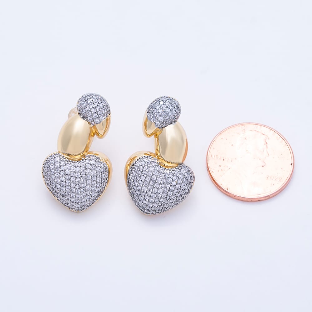 16K Gold Filled 16mm Micro Paved CZ Two Tone Puffed Heart Stud Earrings| Earrings-00929