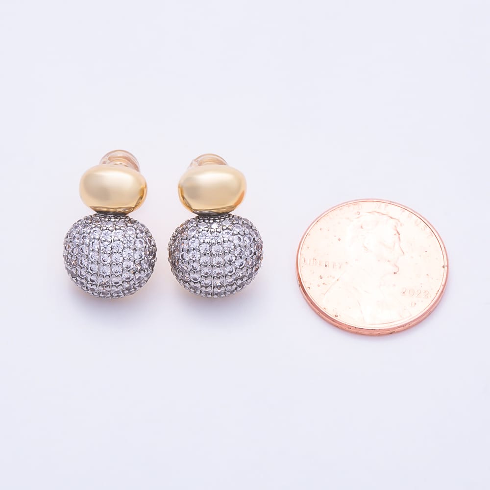 16K Gold Filled 17mm Micro Paved CZ Two Tone Double Pebble Stud Earrings| Earrings-00928