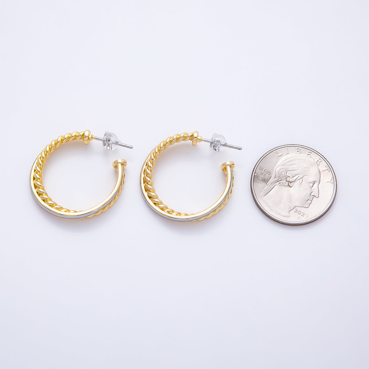 16K Gold Filled 25mm Mixed Metal Croissant Double C-Shaped Hoop in Silver & Gold | Earrings-00670