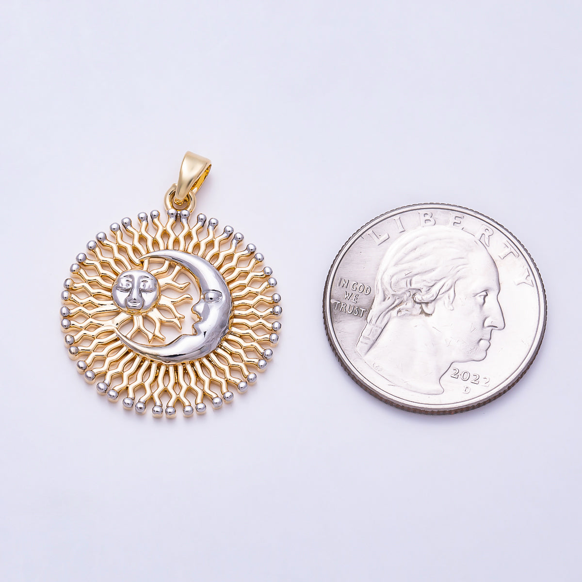 16K Gold Filled 27mm Mixed Metal Celestial Crescent Moon Sun Open Textured Round Pendant | Charms-01994