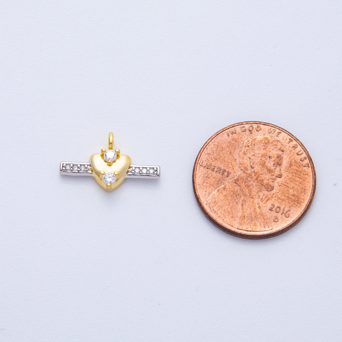 14K Gold Filled 15.5mm Micro Paved CZ Heart Bar Mini Mixed Metal Charm | Charms-00044