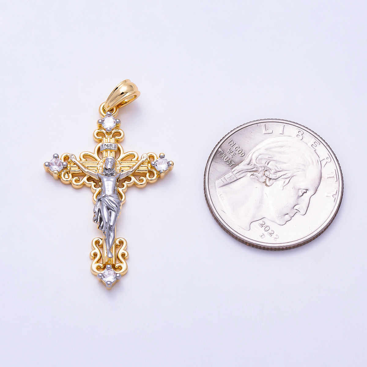 16K Gold Filled 35mm CZ Crucifix Cross Mixed Metal Religious Pendant | Charms-02006