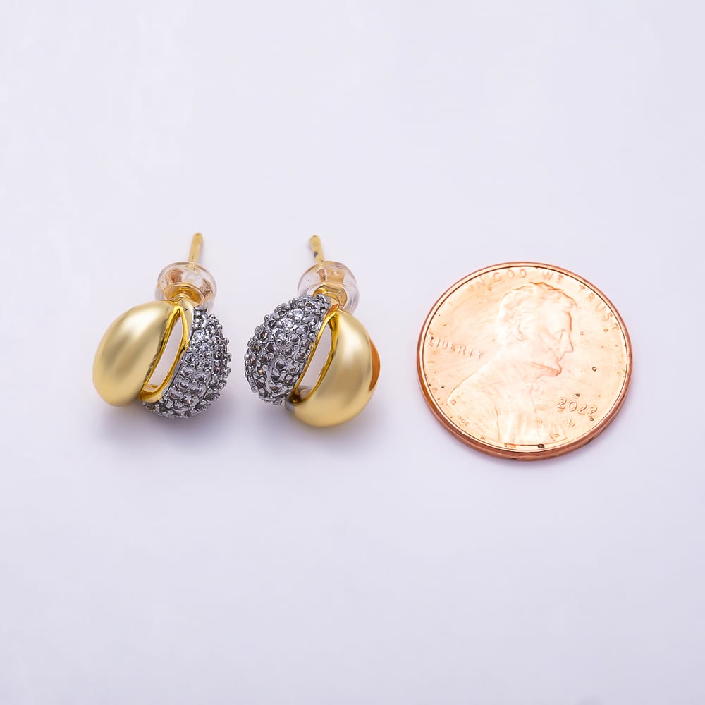 16K Gold Filled 16mm Micro Paved CZ Two Tone Curved Dome Stud Earrings| Earrings-00927