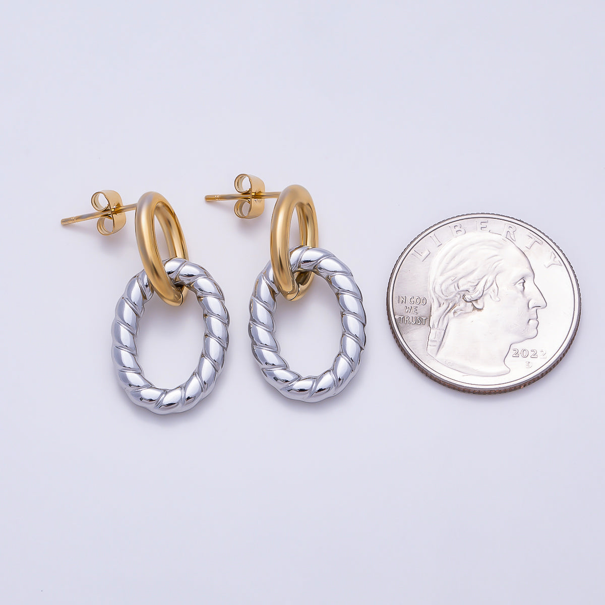 Stainless Steel 30mm Ribbed Lined Double Oval Link Drop Stud Earrings | Earrings-00713