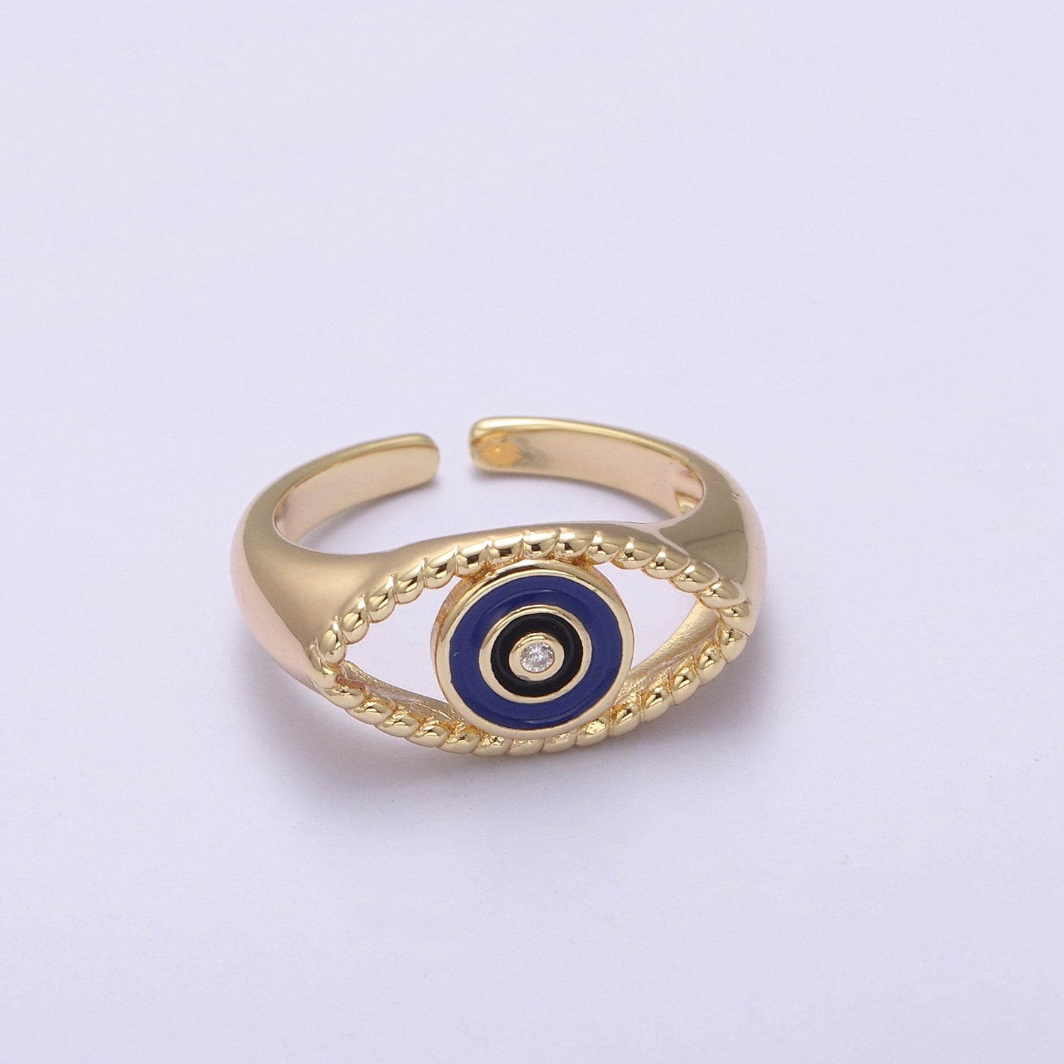 24K Gold Filled Blue, White, Black, Pink Enamel CZ Open Evil Eye Signet Ring | U254 - U257