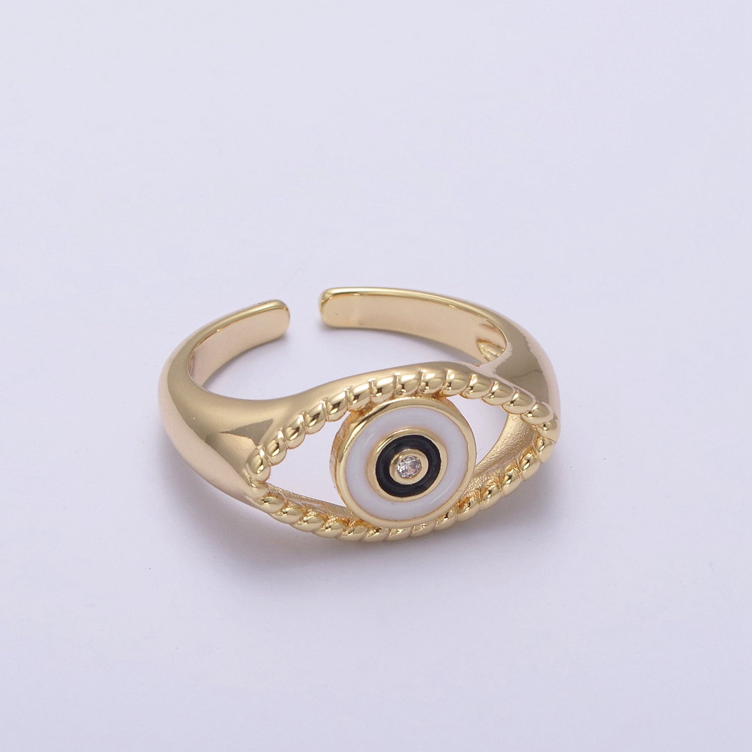 24K Gold Filled Blue, White, Black, Pink Enamel CZ Open Evil Eye Signet Ring | U254 - U257
