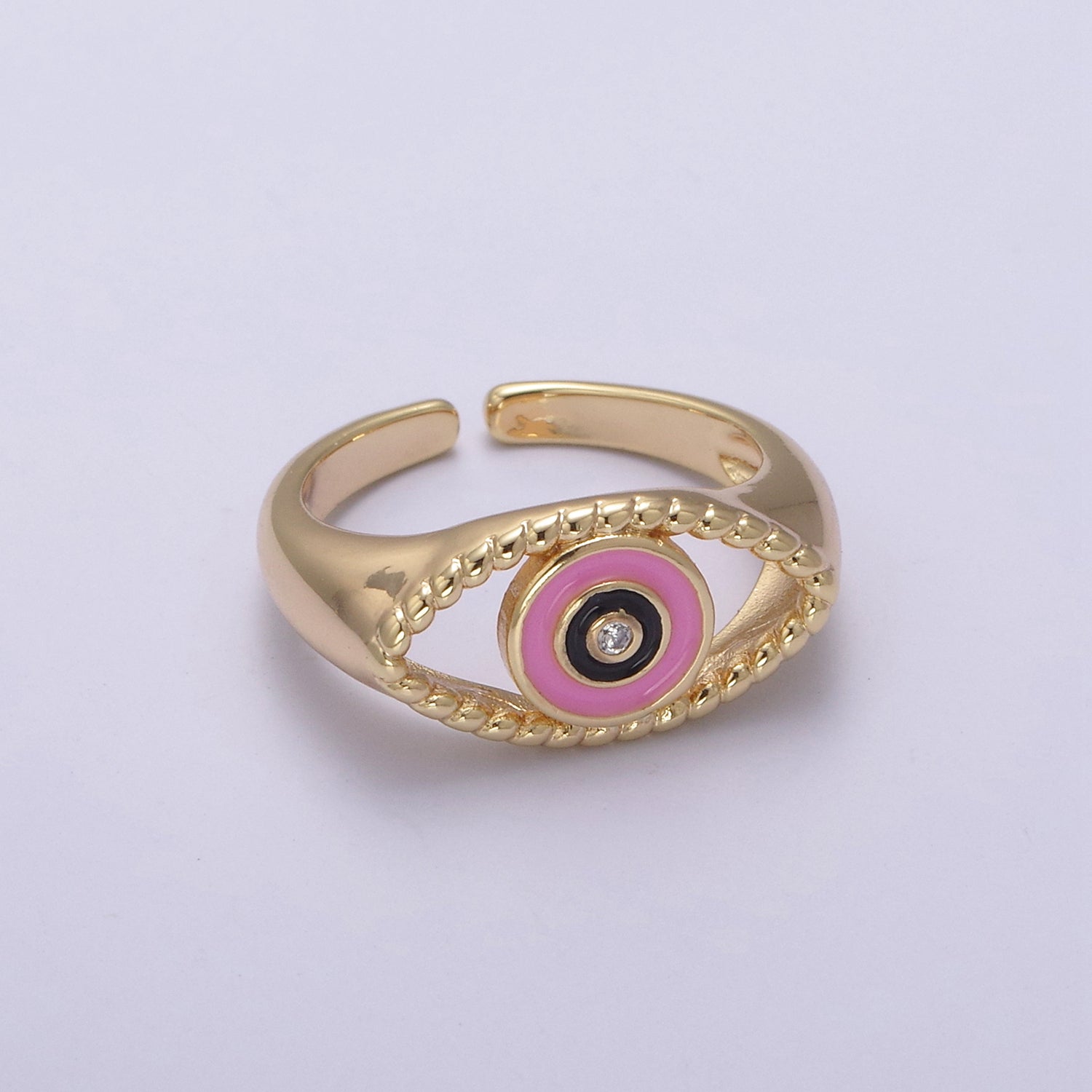 24K Gold Filled Blue, White, Black, Pink Enamel CZ Open Evil Eye Signet Ring | U254 - U257