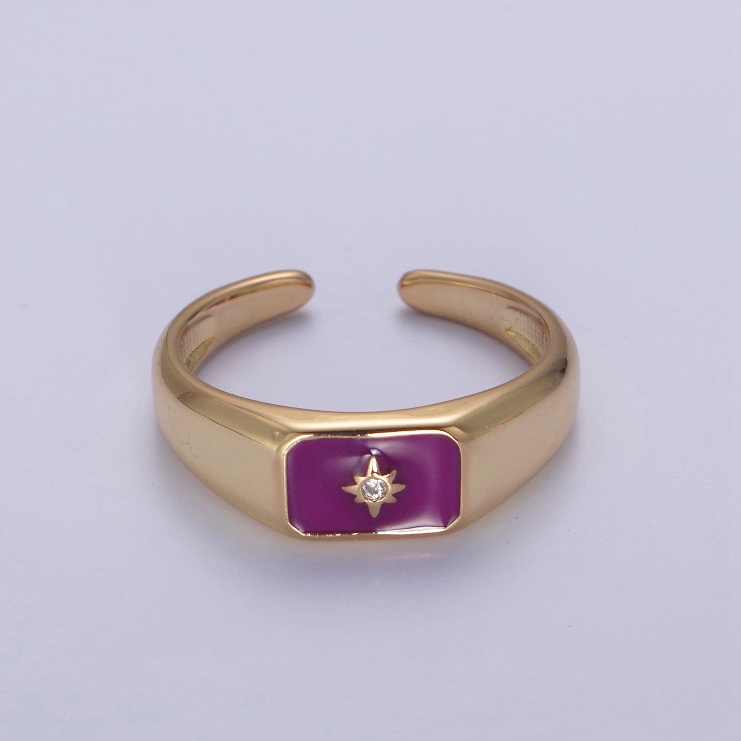 24K Gold Filled Black, Pink, Red, Purple Enamel CZ North Star Rectangle Signet Ring | U509 - U513