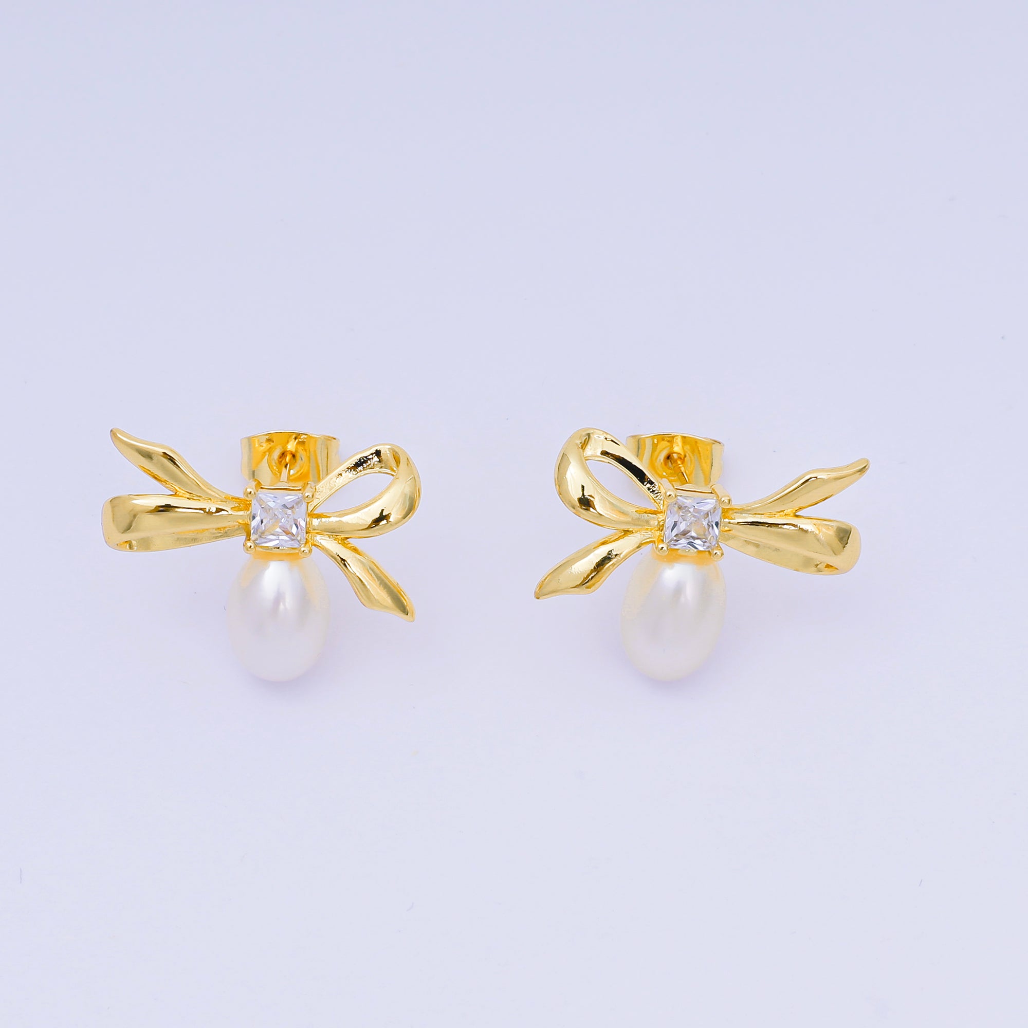 24K Gold Filled Cubic CZ Bow Teardrop Shell Pearl Stud Earrings | V-060