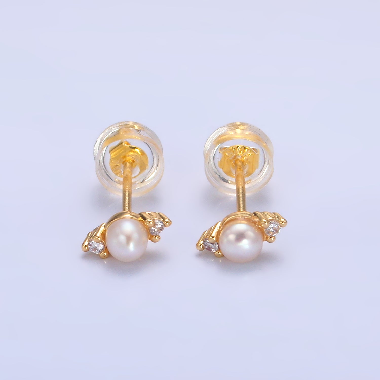 24K Gold Filled Clear CZ Shell Pearl Mini Stud Earrings | V081