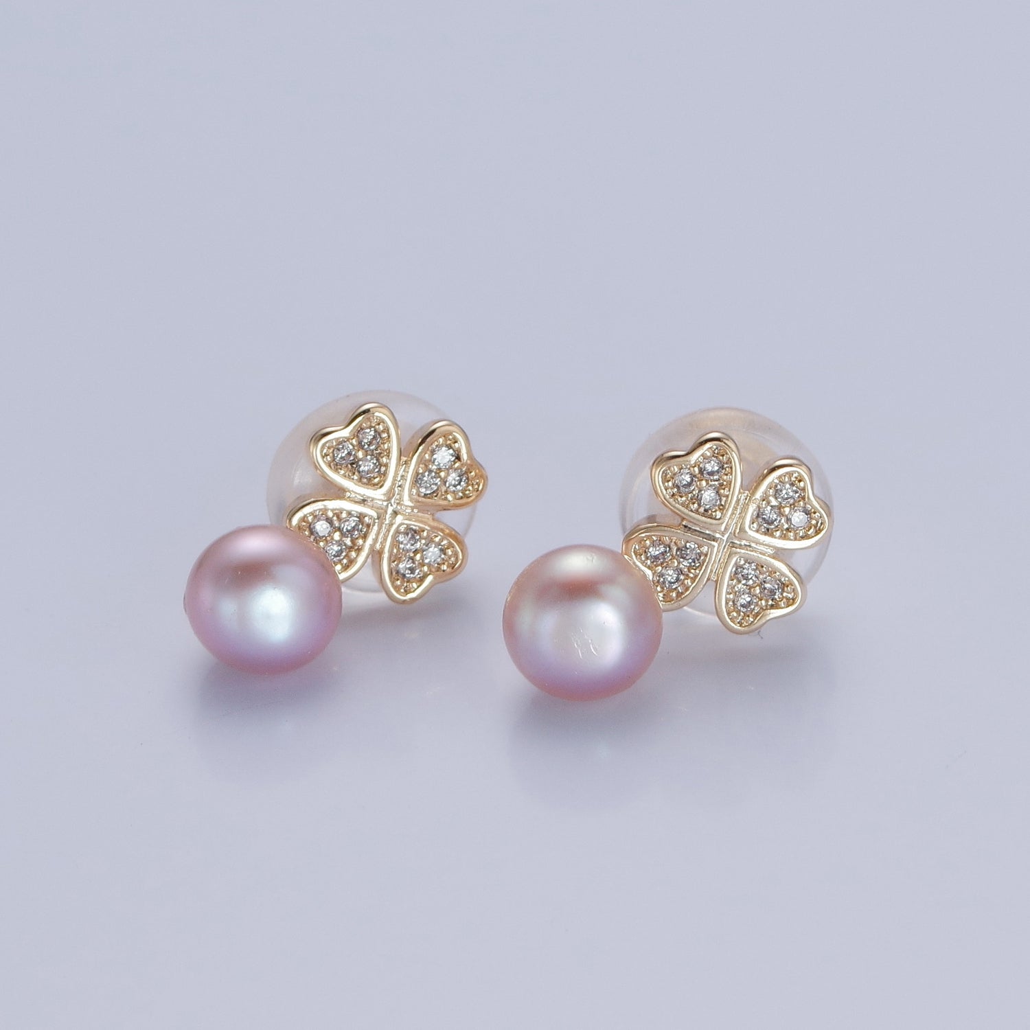 Gold White, Purple, Pink Shell Pearl Micro Paved CZ Clover Stud Earrings |  V379 - V381