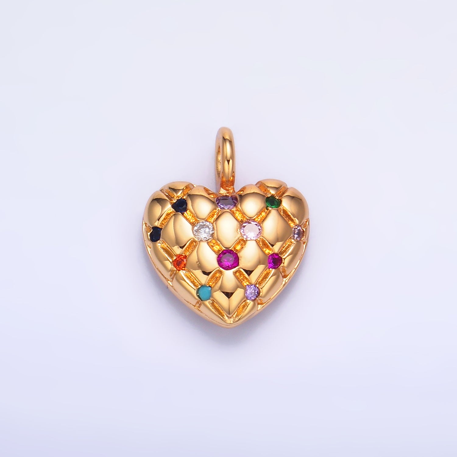 24K Gold Filled Clear, Multicolor CZ Quilted Heart Charm | W262 W263