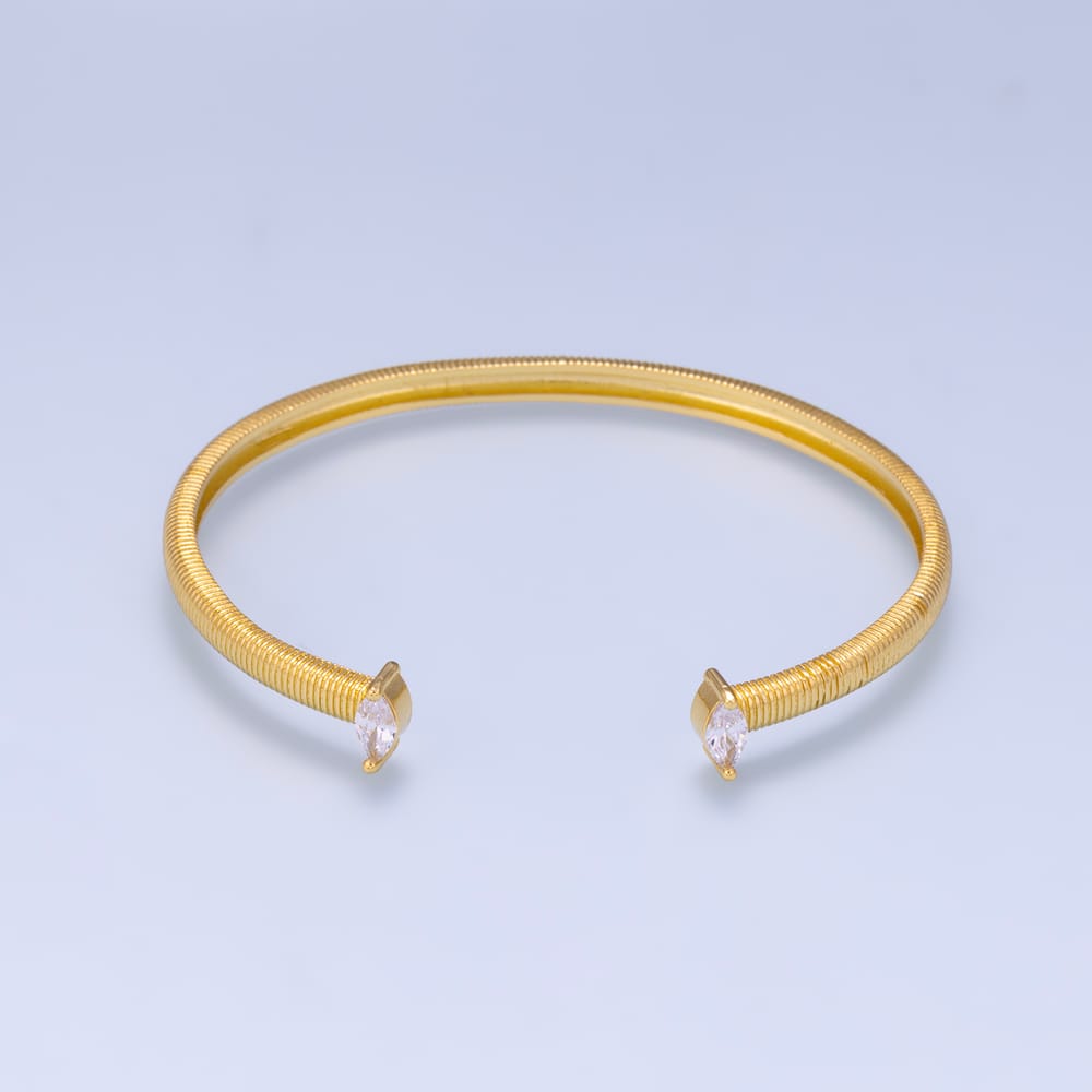 16K Gold Filled Clear Marquise CZ Ribbed Geometric Cuff Bracelet | WA-00715