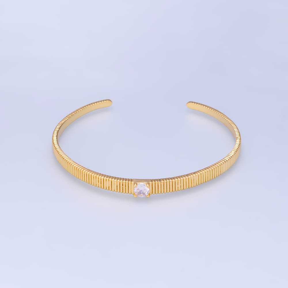 16K Gold Filled Clear CZ Baguette Ribbed Geometric Cuff Bracelet | WA-00719