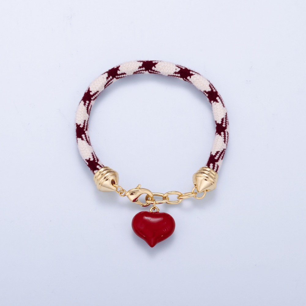 16K Gold Filled 6mm Red Heart Enamel Burgundy White Cotton Cord Paracord Chain Chain 7 Inch Bracelet | WA-02287