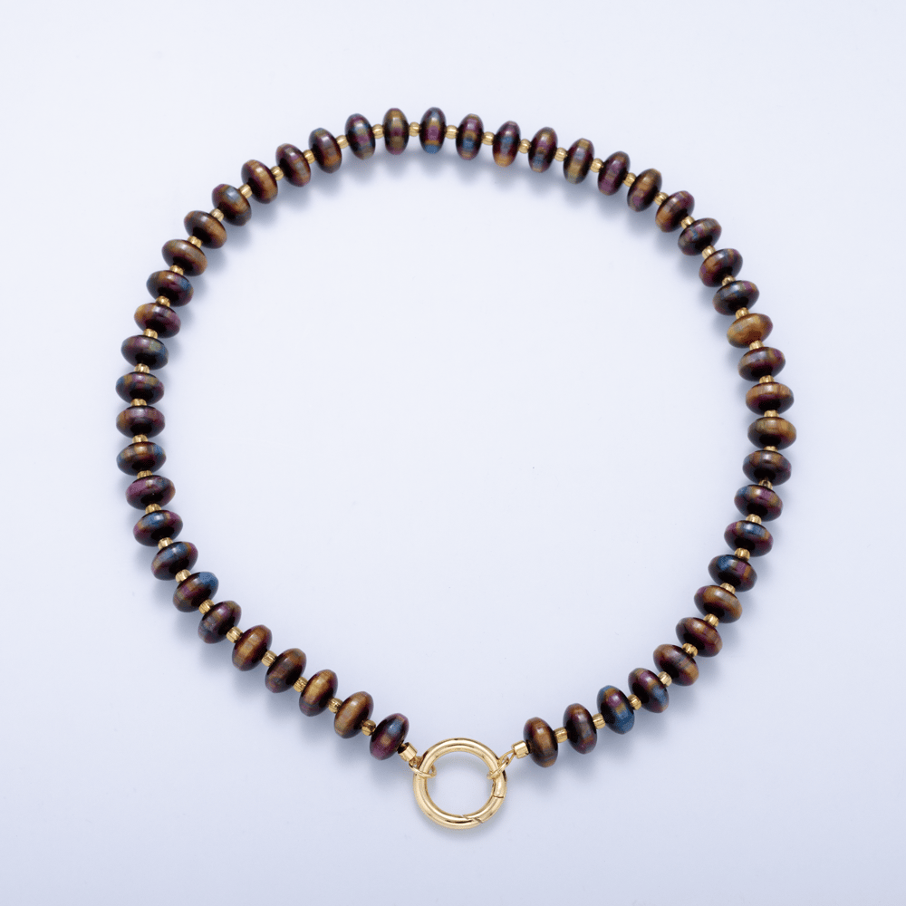 16K Gold Filled 10mm Grey, Blue Agate Rondelle Push Gate Charm Connector Holder Ring Gemstone Chain 17 Inch Necklace | WA-02291 WA-02292