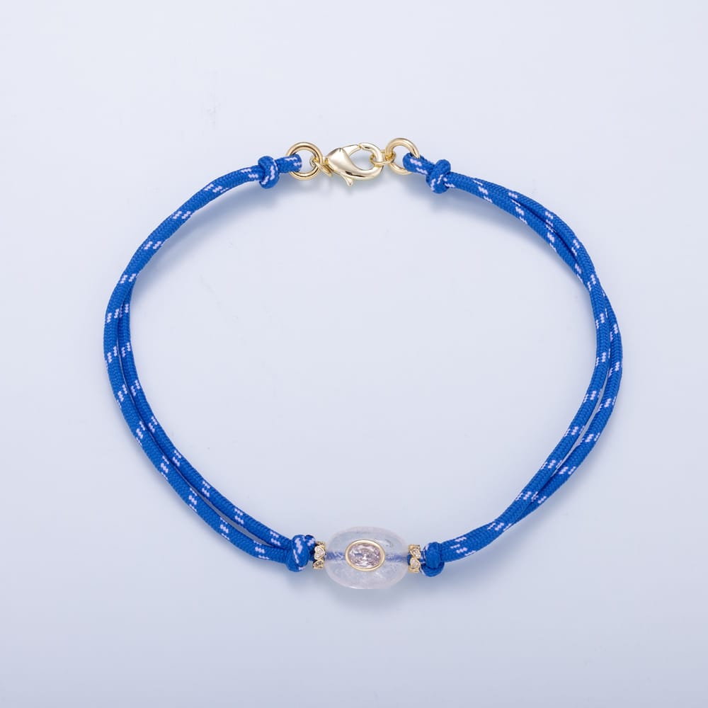 16K Gold Filled 6.5mm Clear Quartz CZ Gemstone Blue Cotton Cord Paracord Chain 7 Inch Bracelet, 15 Inch Necklace | WA-02294 WA-02295