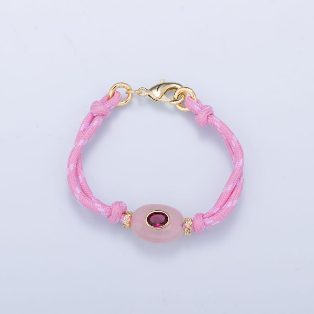 16K Gold Filled 6.5mm Pink CZ Quartz Gemstone Cotton Cord Paracord Chain Adjustable 7 Inch Bracelet, 15 Inch Necklace | WA-02298 WA-02299