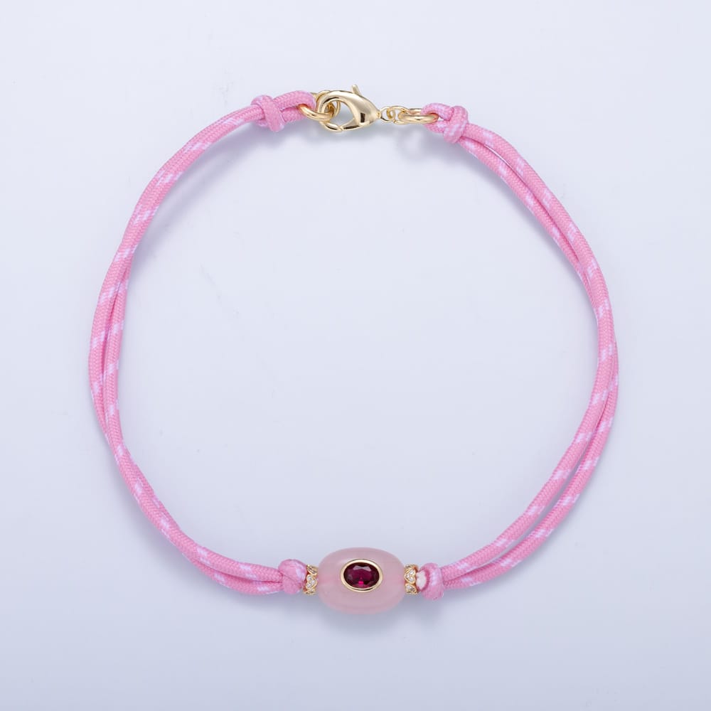16K Gold Filled 6.5mm Pink CZ Quartz Gemstone Cotton Cord Paracord Chain Adjustable 7 Inch Bracelet, 15 Inch Necklace | WA-02298 WA-02299