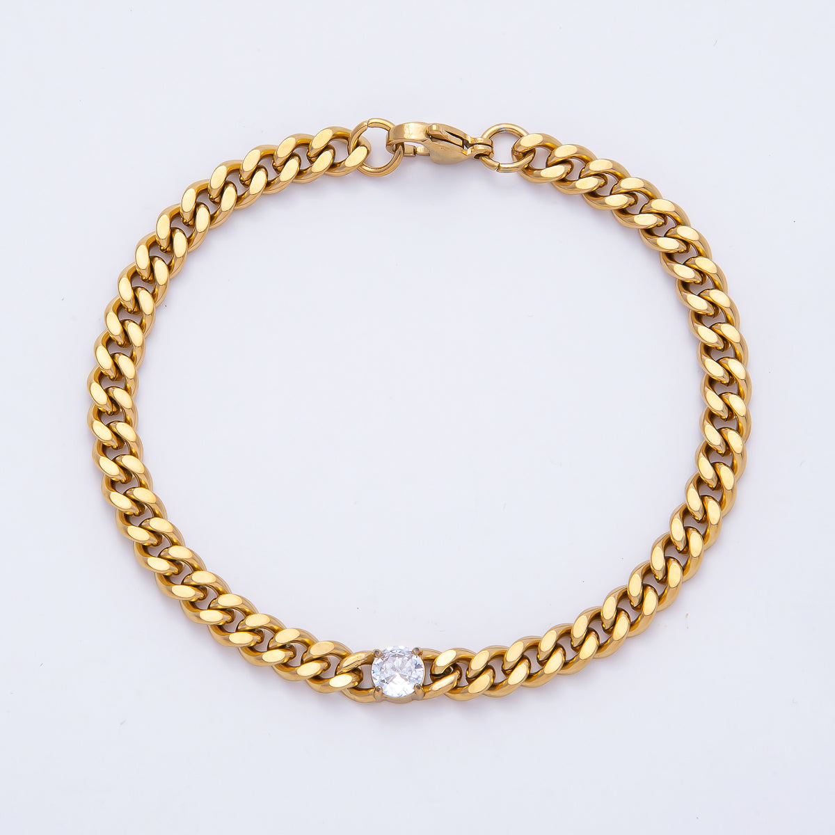 Gold Stainless Steel 6mm Clear CZ Curb Chain 8.86 Inch Bracelet | WA-04159