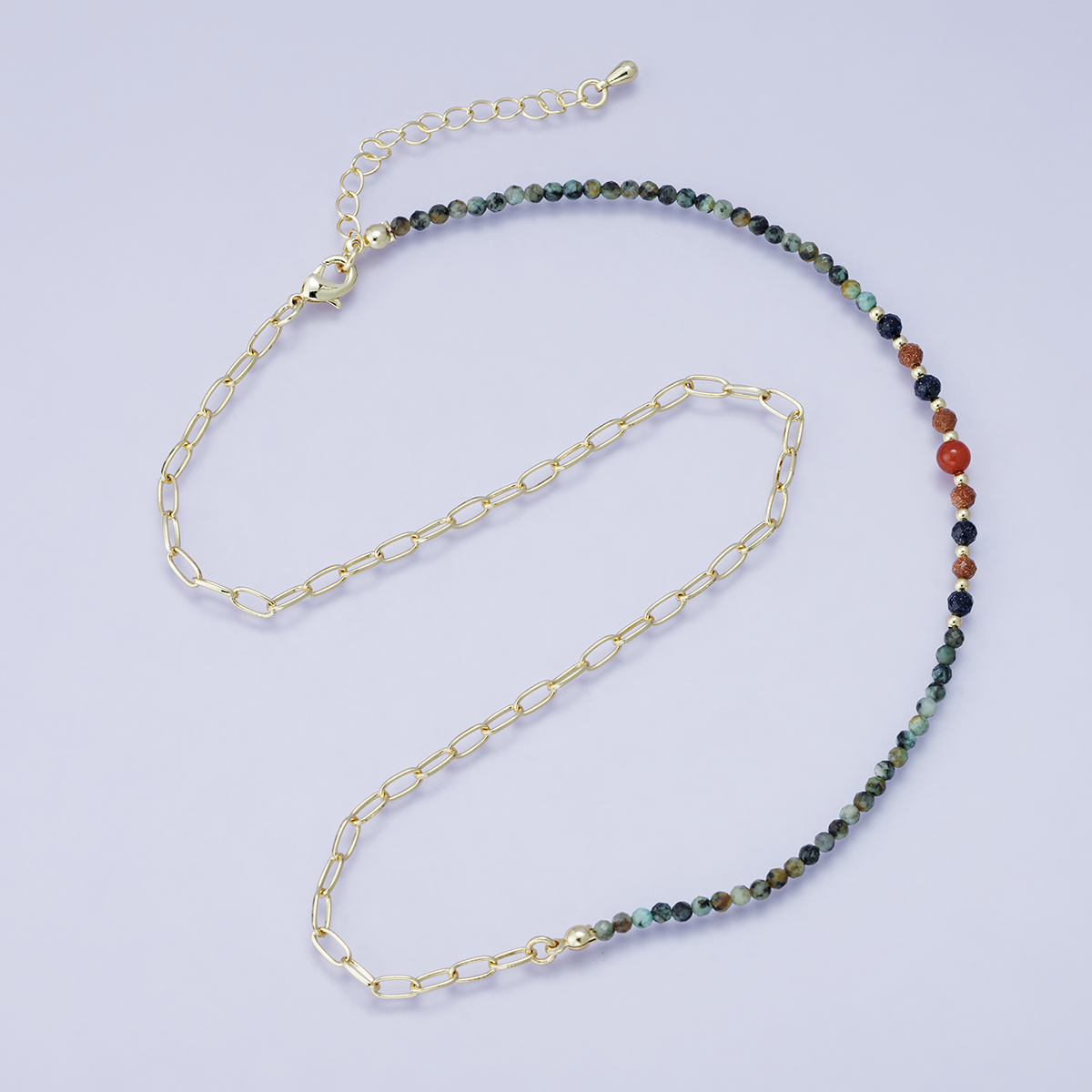 24K Gold Filled Sunstone Amazonite Round Multifaceted Gemstone Paperclip Chain Half 17.5 Inch Necklace w. Extender | WA-04201