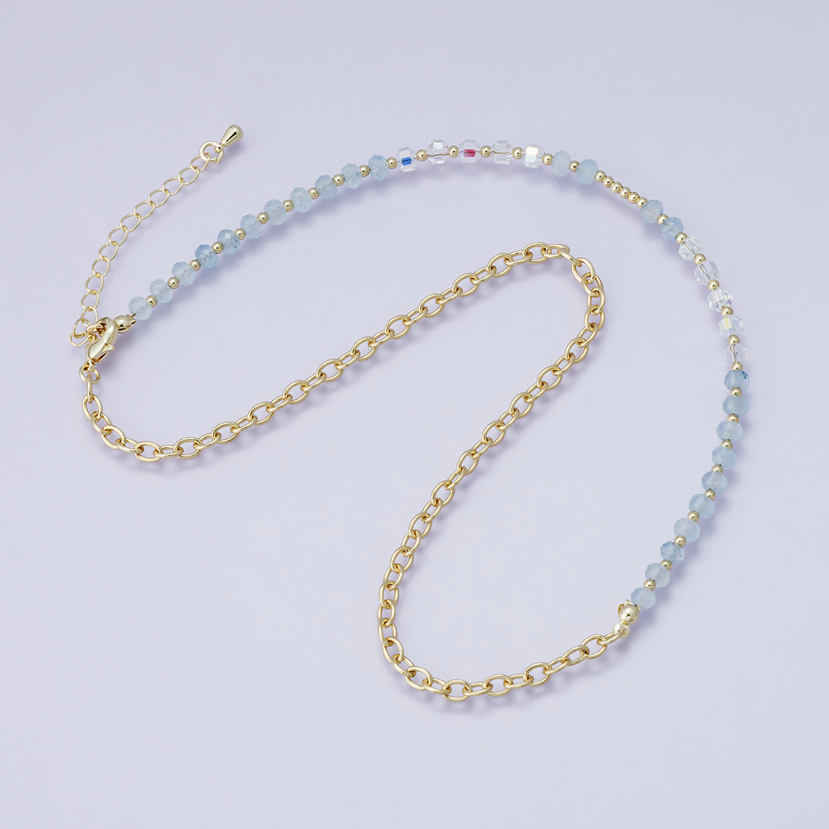 24K Gold Filled Aquamarine Multifaceted Gemstone Ball Cable Chain Half 16.5 Inch Necklace w. Extender | WA-04202