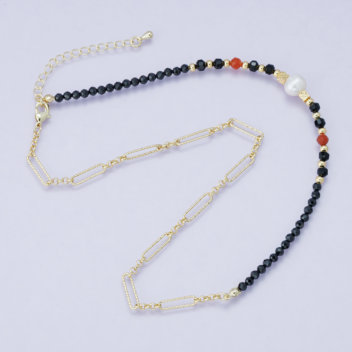 24K Gold Filled Black Multifaceted Gemstone Bead Paperclip Chain Half 16 Inch Necklace w. Extender | WA-04205