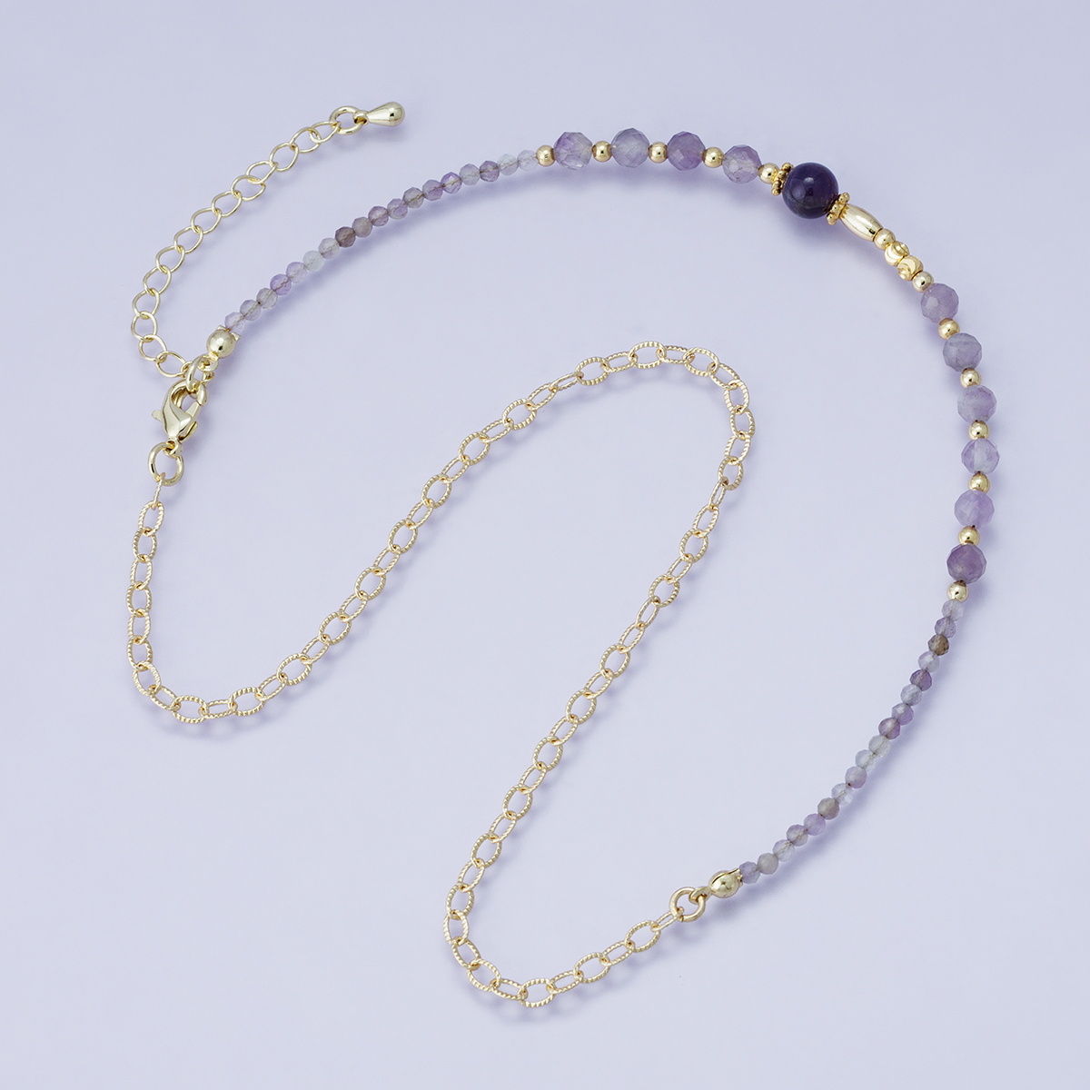 24K Gold Filled Amethyst Multifaceted Gemstone Ball Ribbed Cable Chain Half 16 Inch Necklace w. Extender | WA-04206