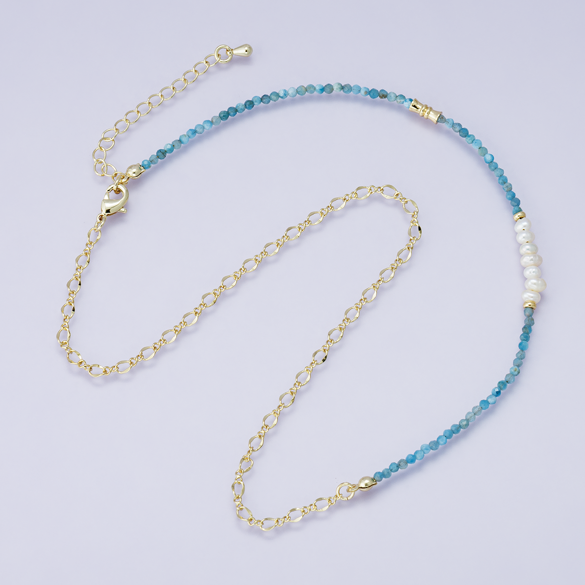 24K Gold Filled Blue Aquamarine Multifaceted Shell Pearl Gemstone Bead Figaro Chain Half 16.5 Inch Necklace w. Extender | WA-04208