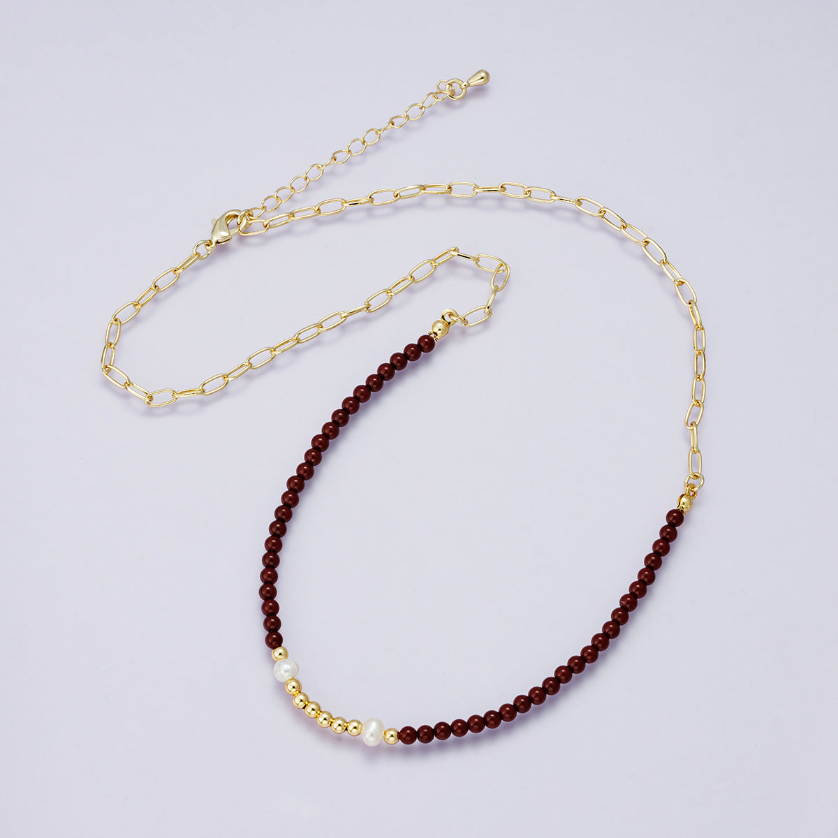 24K Gold Filled Shell Pearl Carnelian Ball Gemstone Paperclip Chain Half 18 Inch Necklace w. Extender | WA-04214