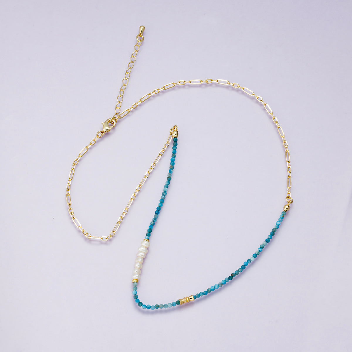 24K Gold Filled Blue Aquamarine Multifaceted Shell Pearl Gemstone Bead Paperclip Chain Half 18 Inch Necklace w. Extender | WA-04215