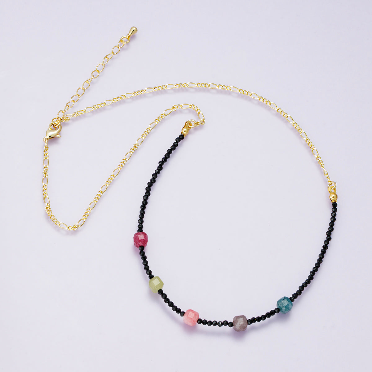 14K Gold Filled Multicolor Black Multifaceted Gemstone Figaro Chain Half 18 Inch Necklace w. Extender | WA-04226