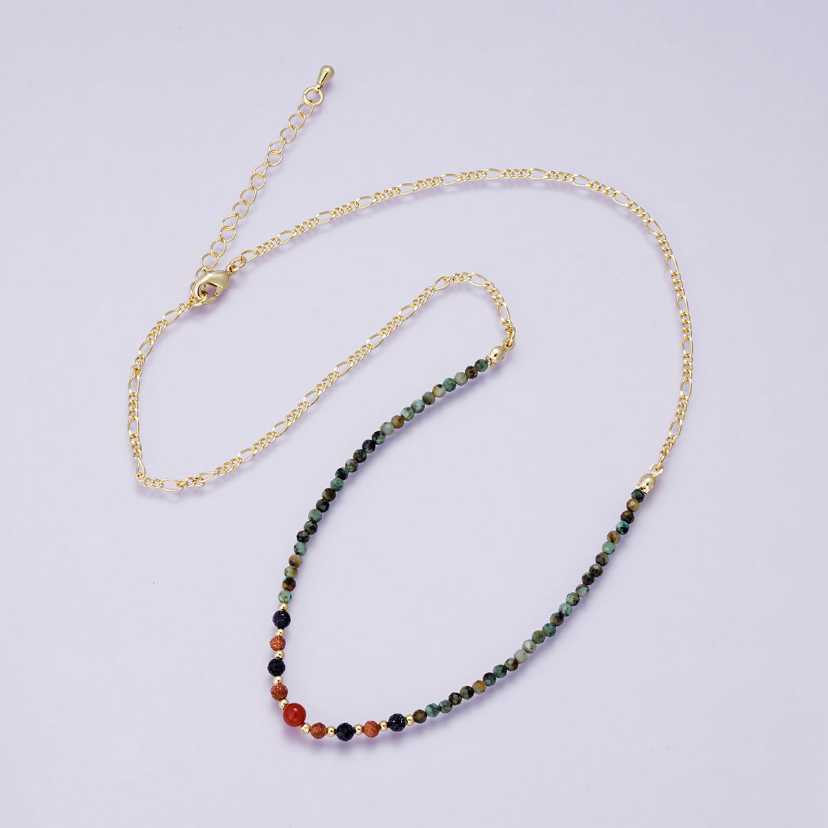 24K Gold Filled Sunstone Amazonite Round Multifaceted Gemstone Figaro Chain Half 18 Inch Necklace w. Extender | WA-04227