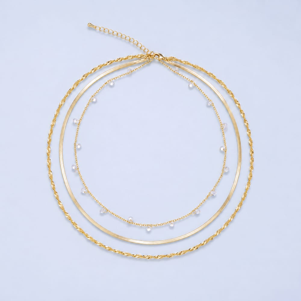 16K Gold Filled 2mm Clear CZ Herringbone Singapore Chain 16.5 Inch Triple Layer Necklace | WA-04806