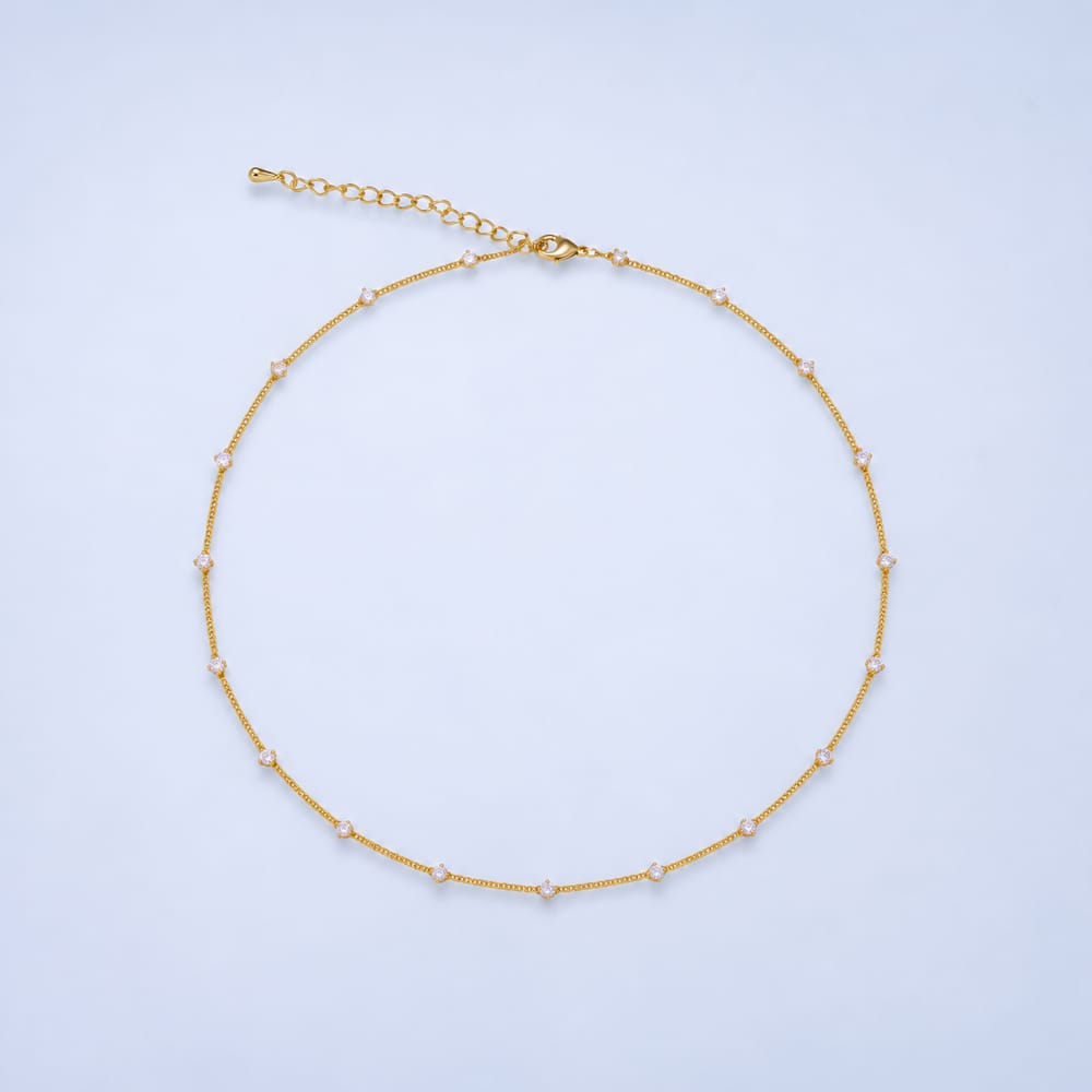 16K Gold Filled 1.5mm Clear CZ Curb Chain 16.5 Inch Choker Necklace | WA-04809