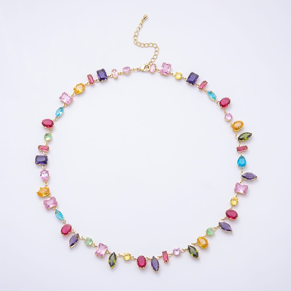 16K Gold Filled 9mm Multicolor Multi Cut Drop CZ Tennis Gemstone Chain 16.5 Inch Choker Necklace | WA-00125