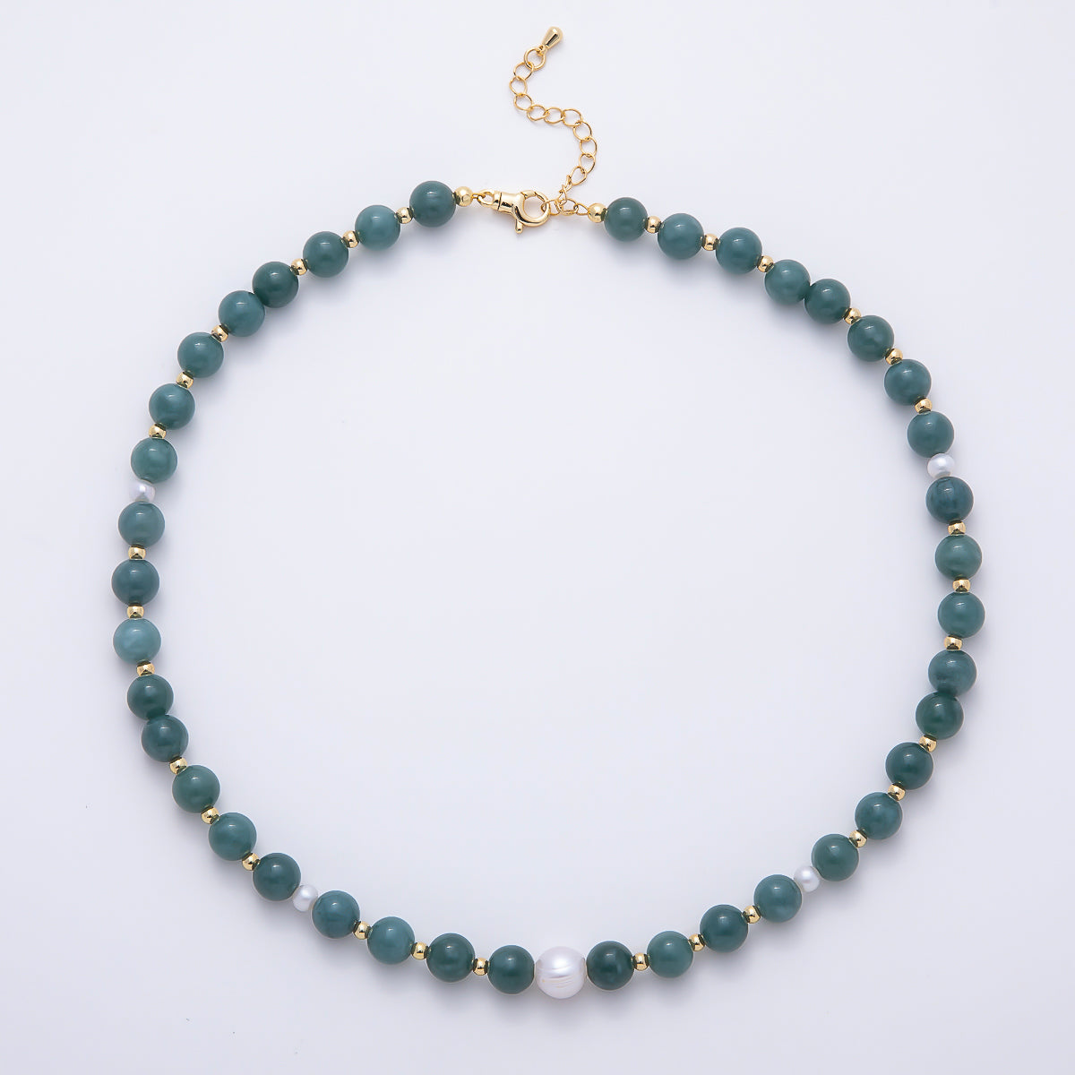 16K Gold Filled 4mm Shell Pearl Green Aventurine Bead Round Gemstone Chain 16.5 Inch Necklace | WA-00128